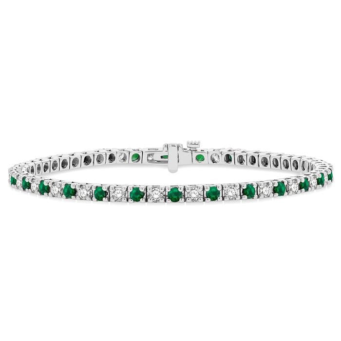 2.5 MM Emerald and 1 1/2 Ctw Round Cut Diamond Square Box Link Precious Tennis Bracelet in 14K White Gold