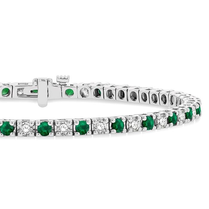 2.5 MM Emerald and 1 1/2 Ctw Round Cut Diamond Square Box Link Precious Tennis Bracelet in 14K White Gold