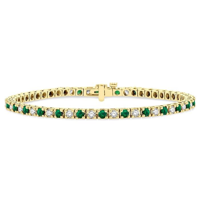 2.5 MM Emerald and 1 1/2 Ctw Round Cut Diamond Square Box Link Precious Tennis Bracelet in 14K Yellow Gold
