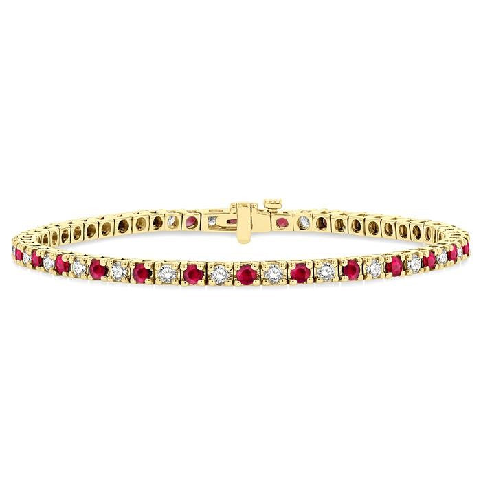 2.5 MM Ruby and 1 1/2 Ctw Round Cut Diamond Square Box Link Precious Tennis Bracelet in 14K Yellow Gold
