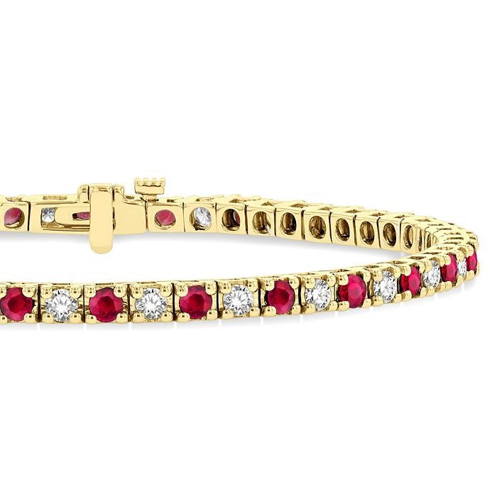 2.5 MM Ruby and 1 1/2 Ctw Round Cut Diamond Square Box Link Precious Tennis Bracelet in 14K Yellow Gold