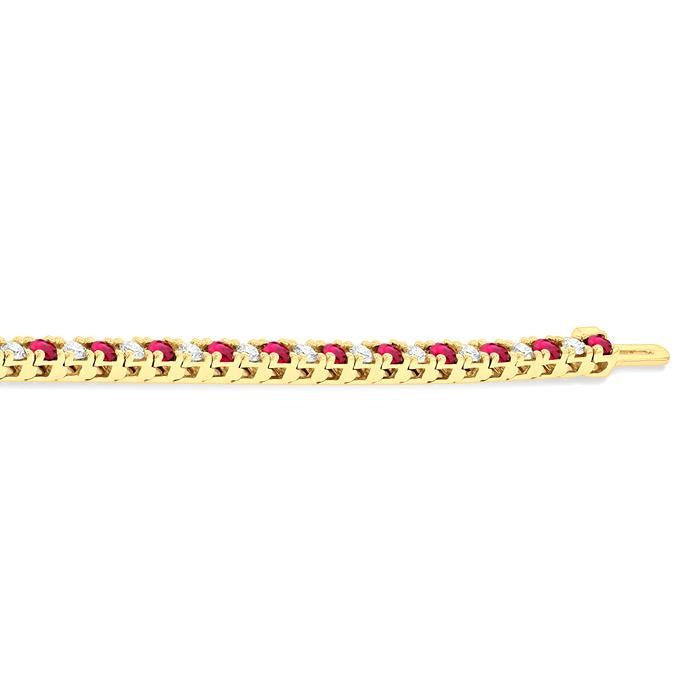 2.5 MM Ruby and 1 1/2 Ctw Round Cut Diamond Square Box Link Precious Tennis Bracelet in 14K Yellow Gold