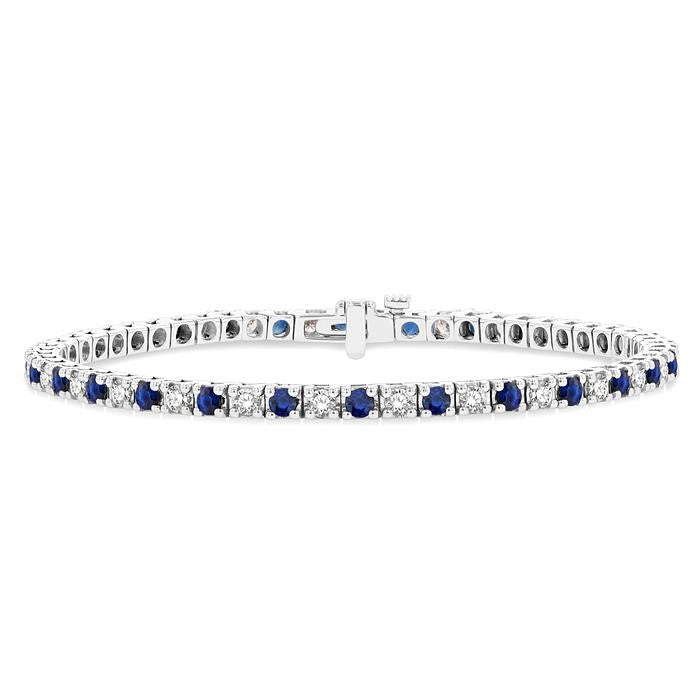 2.5 MM Sapphire and 1 1/2 Ctw Round Cut Diamond Square Box Link Precious Tennis Bracelet in 14K White Gold