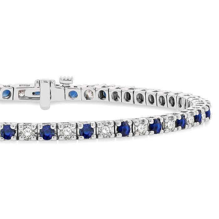 2.5 MM Sapphire and 1 1/2 Ctw Round Cut Diamond Square Box Link Precious Tennis Bracelet in 14K White Gold