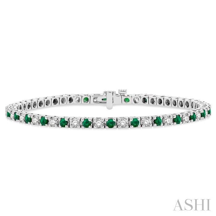 2.5 MM Emerald and 1 1/2 Ctw Round Cut Diamond Square Box Link Precious Tennis Bracelet in 14K White Gold