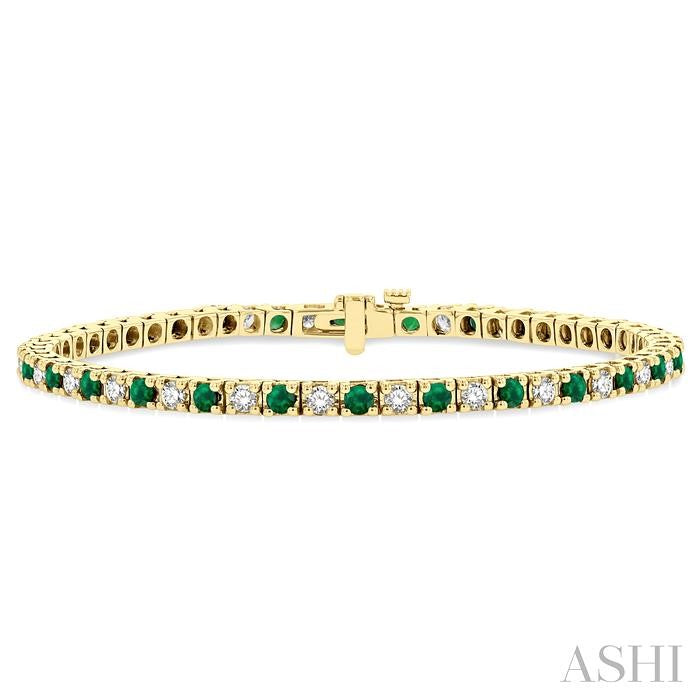 2.5 MM Emerald and 1 1/2 Ctw Round Cut Diamond Square Box Link Precious Tennis Bracelet in 14K Yellow Gold