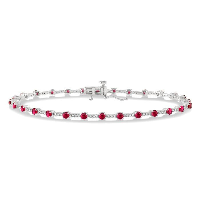 2.5 MM Round Cut Ruby and 1/2 Ctw Round Cut Diamond Precious Bracelet in 10K White Gold