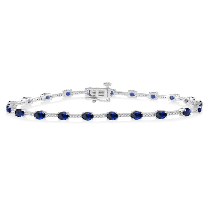 4x3 MM Oval Cut Sapphire and 1/3 Ctw Round Cut Diamond Precious Bracelet in 10K White Gold