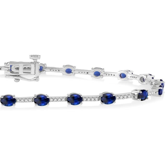 4x3 MM Oval Cut Sapphire and 1/3 Ctw Round Cut Diamond Precious Bracelet in 10K White Gold