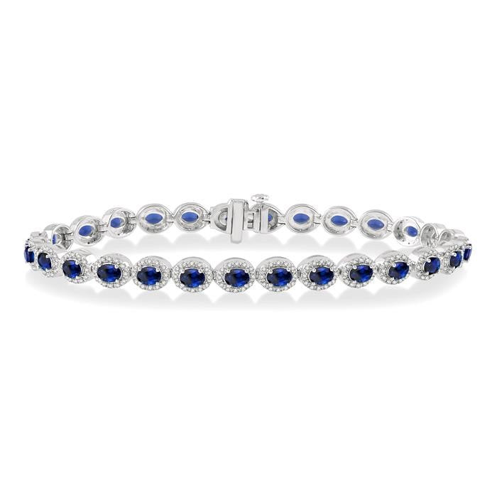 4x3 MM Oval Cut Sapphire and 1 Ctw Round Cut Diamond Precious Bracelet in 14K White Gold
