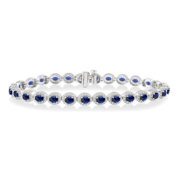 4x3 MM Oval Cut Sapphire and 1 Ctw Round Cut Diamond Precious Bracelet in 14K White Gold