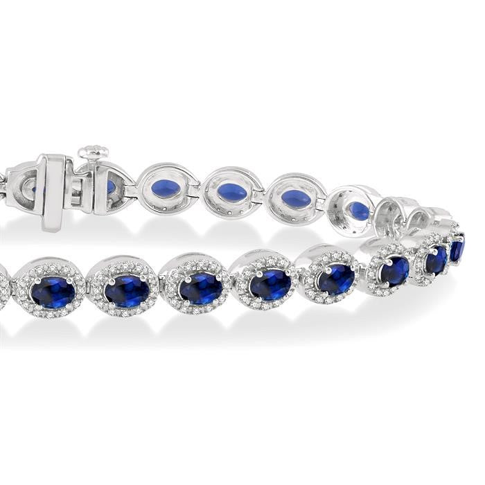 4x3 MM Oval Cut Sapphire and 1 Ctw Round Cut Diamond Precious Bracelet in 14K White Gold