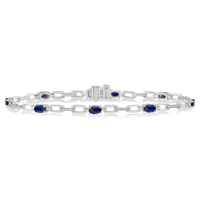 14k White Gold Oval Shape Sapphire Gemstone & 1/6CTW Diamond Bracelet
