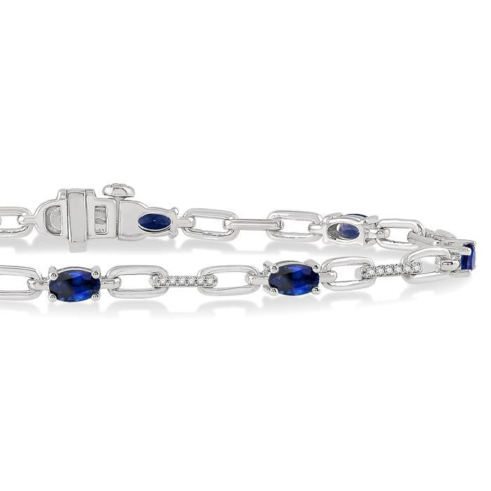 14k White Gold Oval Shape Sapphire Gemstone & 1/6CTW Diamond Bracelet