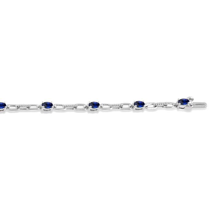 14k White Gold Oval Shape Sapphire Gemstone & 1/6CTW Diamond Bracelet