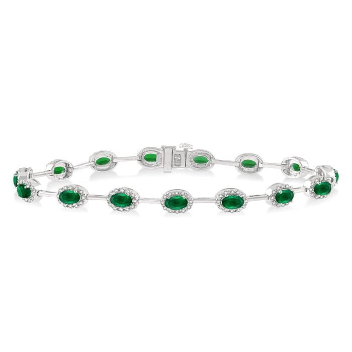 5x3 MM Oval Cut Emerald and 5/8 Ctw Round Cut Diamond Precious Bracelet in 14K White Gold