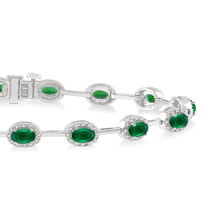 5x3 MM Oval Cut Emerald and 5/8 Ctw Round Cut Diamond Precious Bracelet in 14K White Gold