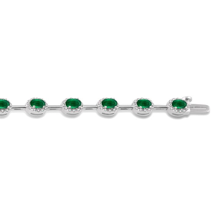 5x3 MM Oval Cut Emerald and 5/8 Ctw Round Cut Diamond Precious Bracelet in 14K White Gold