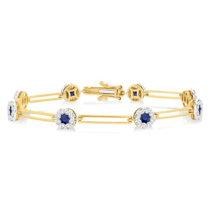 3 MM Sapphire and 1 1/5 Ctw Round Cut Diamond Paperclip Shine Bright Precious Bracelet in 14K Yellow and White Gold
