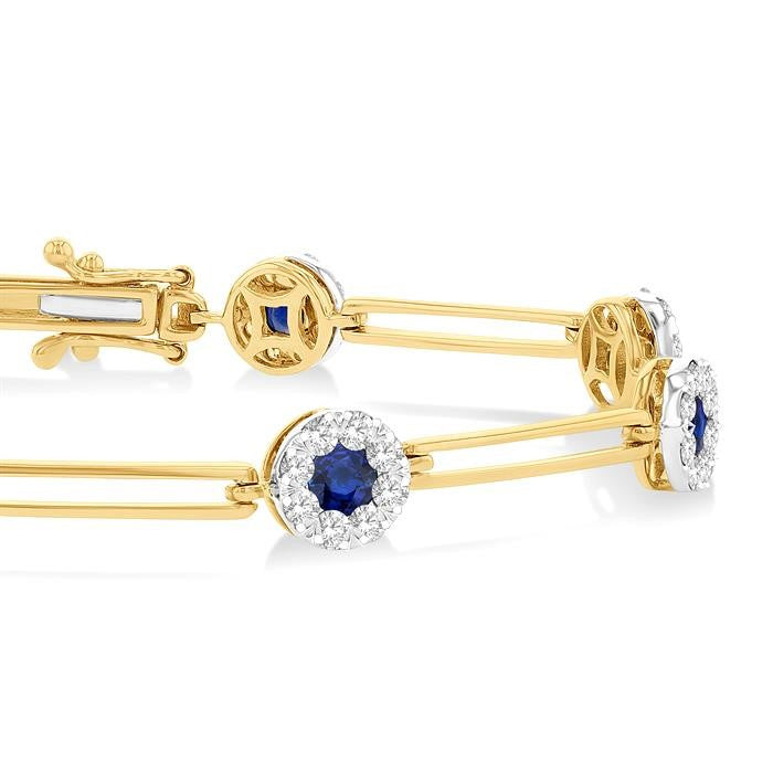 3 MM Sapphire and 1 1/5 Ctw Round Cut Diamond Paperclip Shine Bright Precious Bracelet in 14K Yellow and White Gold
