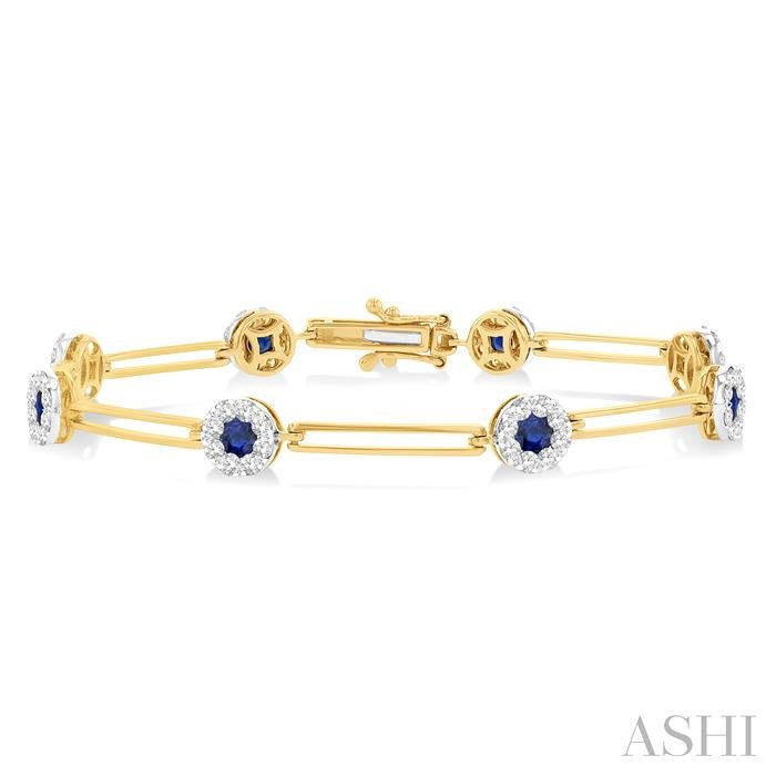 3 MM Sapphire and 1 1/5 Ctw Round Cut Diamond Paperclip Shine Bright Precious Bracelet in 14K Yellow and White Gold