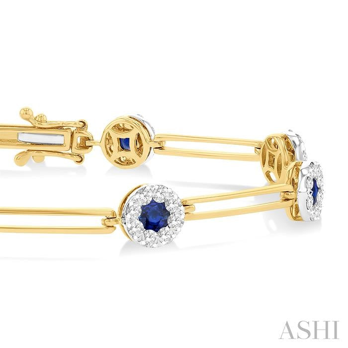 3 MM Sapphire and 1 1/5 Ctw Round Cut Diamond Paperclip Shine Bright Precious Bracelet in 14K Yellow and White Gold
