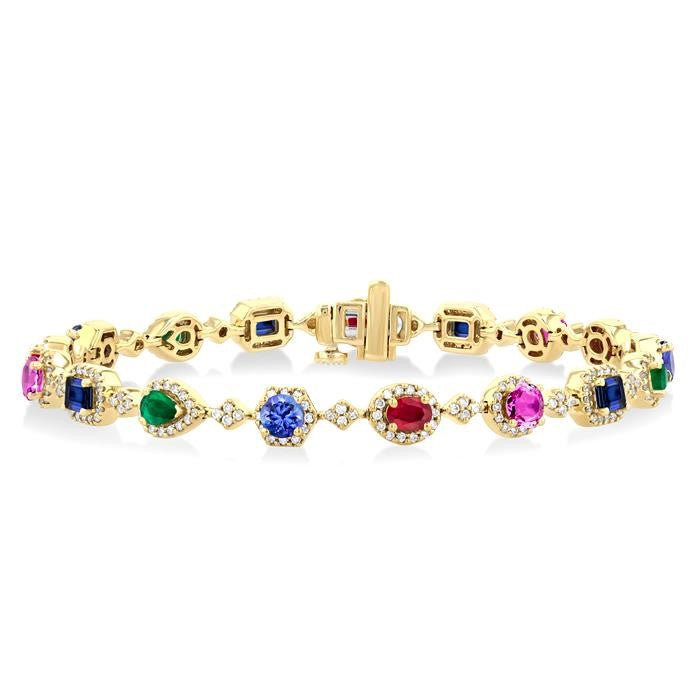 4X3 MM & 3.5 MM Mixed Shape Gemstone Rainbow and 1 Ctw Round Cut Diamond Halo Precious Tennis Bracelet in 14K Yellow Gold