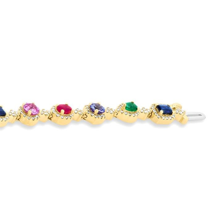 4X3 MM & 3.5 MM Mixed Shape Gemstone Rainbow and 1 Ctw Round Cut Diamond Halo Precious Tennis Bracelet in 14K Yellow Gold