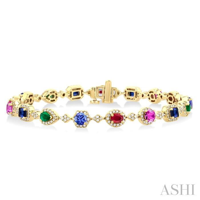 4X3 MM & 3.5 MM Mixed Shape Gemstone Rainbow and 1 Ctw Round Cut Diamond Halo Precious Tennis Bracelet in 14K Yellow Gold