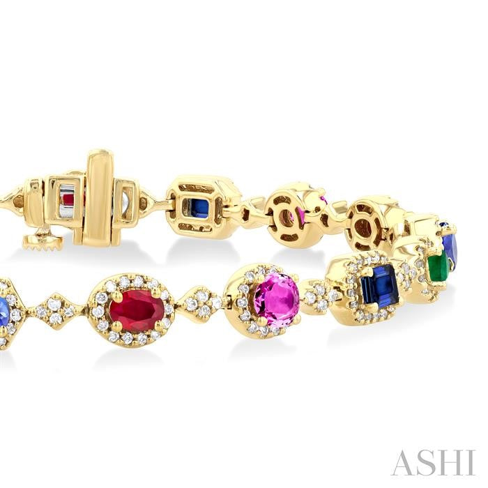 4X3 MM & 3.5 MM Mixed Shape Gemstone Rainbow and 1 Ctw Round Cut Diamond Halo Precious Tennis Bracelet in 14K Yellow Gold