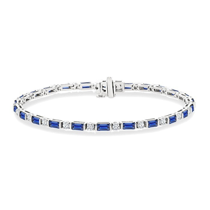 4X2 MM Baguette Cut Sapphire and 1 1/10 Ctw Art Deco Round Cut Diamond Precious Bracelet in 14K White Gold