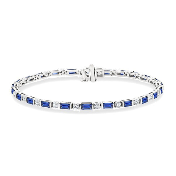 4X2 MM Baguette Cut Sapphire and 1 1/10 Ctw Art Deco Round Cut Diamond Precious Bracelet in 14K White Gold
