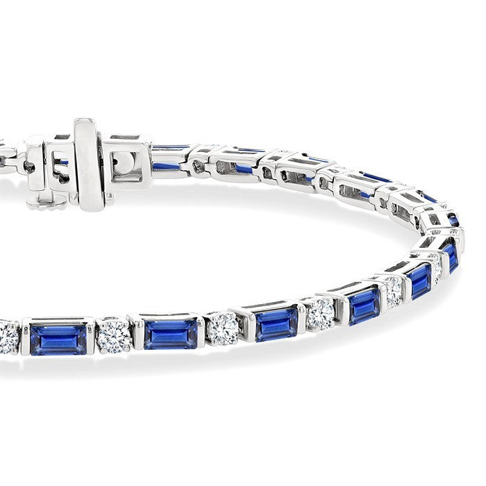 4X2 MM Baguette Cut Sapphire and 1 1/10 Ctw Art Deco Round Cut Diamond Precious Bracelet in 14K White Gold