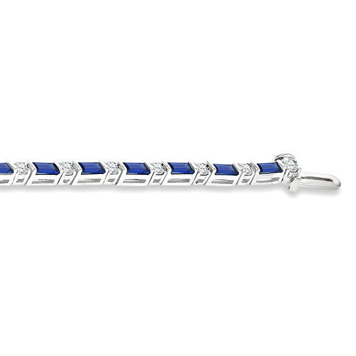 4X2 MM Baguette Cut Sapphire and 1 1/10 Ctw Art Deco Round Cut Diamond Precious Bracelet in 14K White Gold