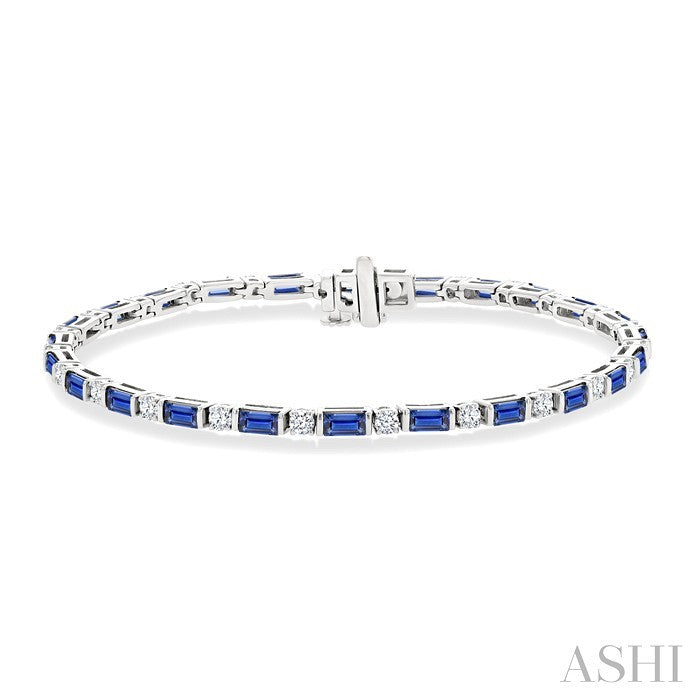4X2 MM Baguette Cut Sapphire and 1 1/10 Ctw Art Deco Round Cut Diamond Precious Bracelet in 14K White Gold