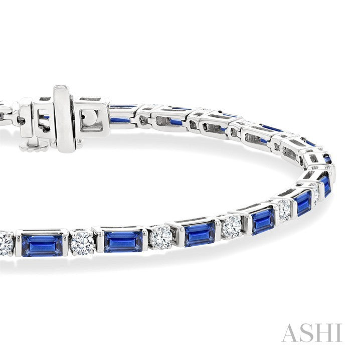 4X2 MM Baguette Cut Sapphire and 1 1/10 Ctw Art Deco Round Cut Diamond Precious Bracelet in 14K White Gold