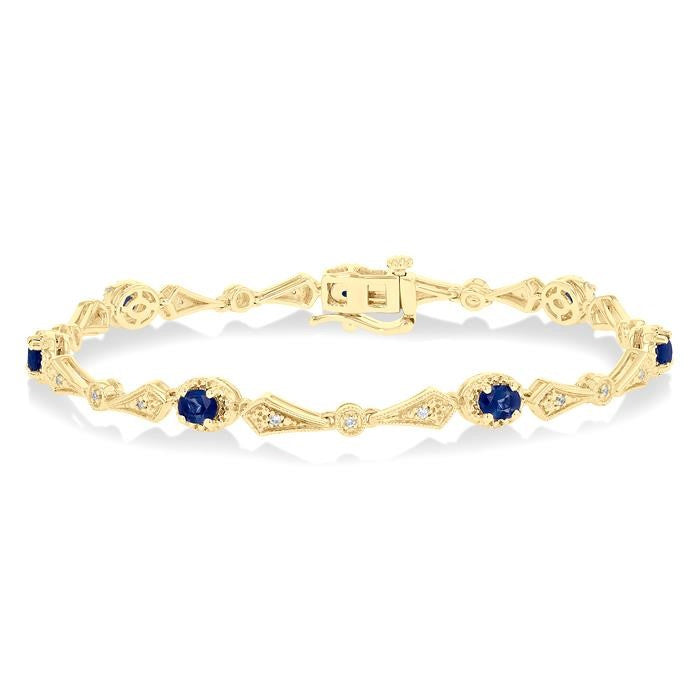 4X3 MM Oval Cut Sapphire 1/10 Ctw and Round Cut Diamond Precious Bracelet in 10K Yellow Gold