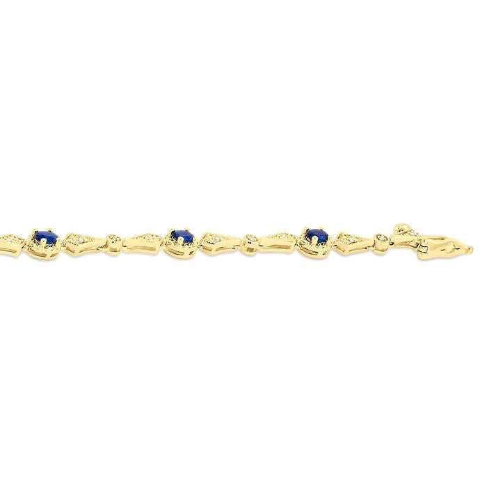 4X3 MM Oval Cut Sapphire 1/10 Ctw and Round Cut Diamond Precious Bracelet in 10K Yellow Gold