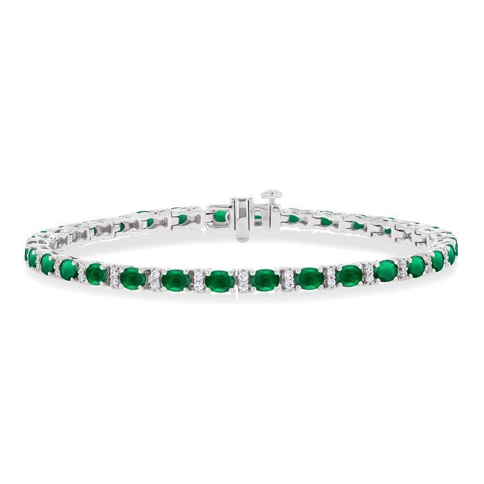 4X3 MM Oval Cut Emerald and 1/3 Ctw Round Cut Diamond Precious Bracelet in 14K White Gold