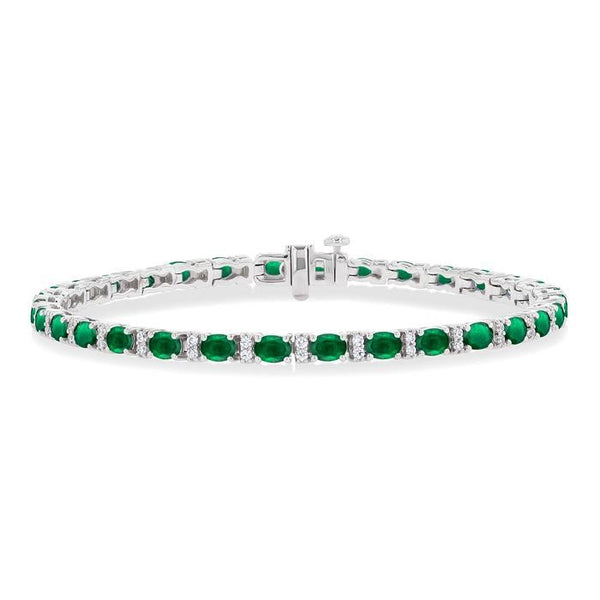 4X3 MM Oval Cut Emerald and 1/3 Ctw Round Cut Diamond Precious Bracelet in 14K White Gold