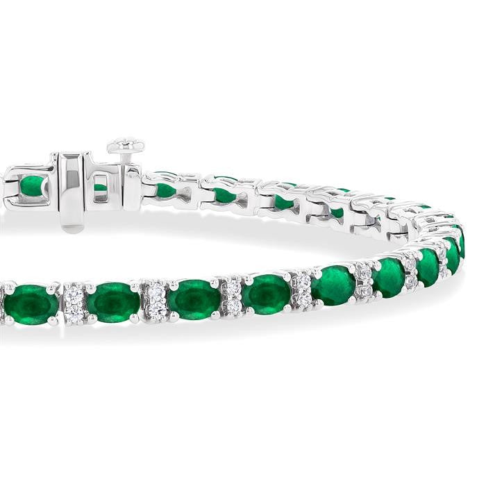 4X3 MM Oval Cut Emerald and 1/3 Ctw Round Cut Diamond Precious Bracelet in 14K White Gold