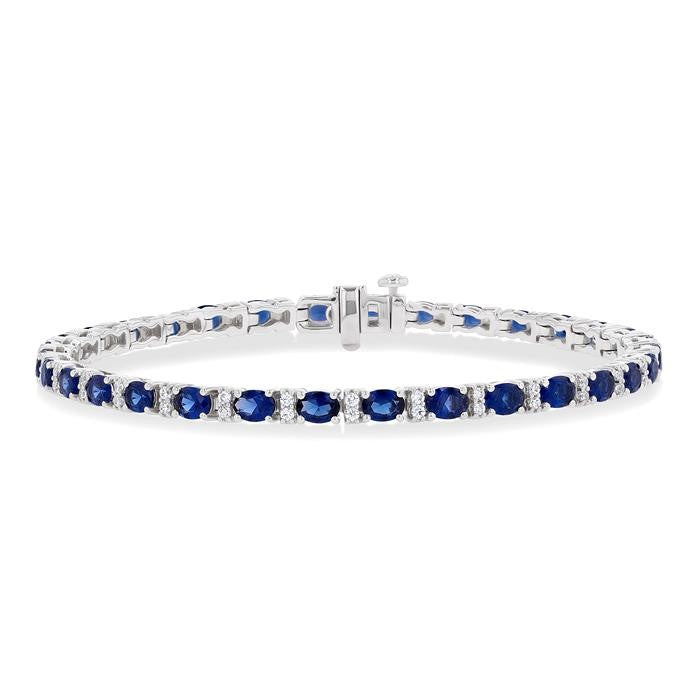 4X3 MM Oval Cut Sapphire and 1/3 Ctw Round Cut Diamond Precious Bracelet in 14K White Gold