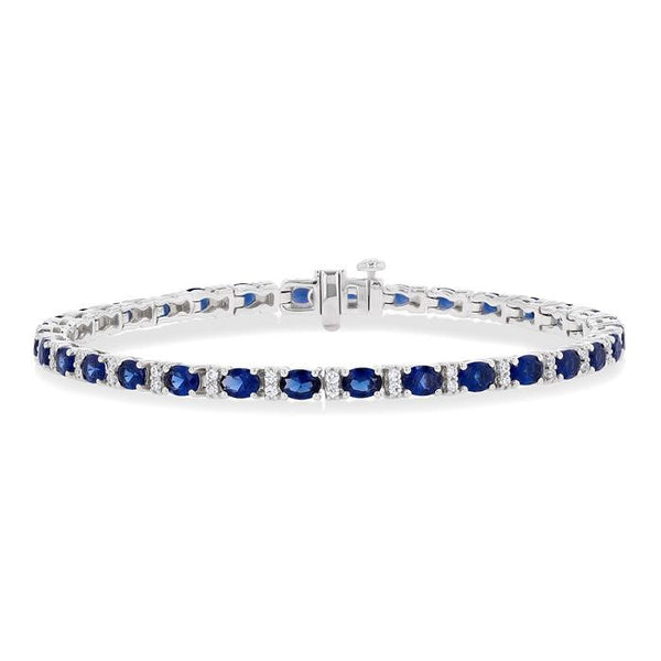 4X3 MM Oval Cut Sapphire and 1/3 Ctw Round Cut Diamond Precious Bracelet in 14K White Gold