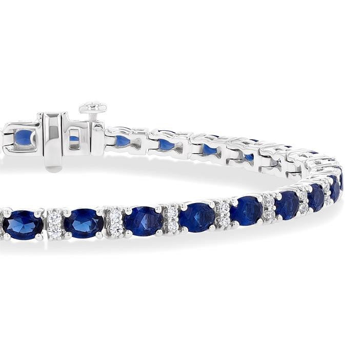 4X3 MM Oval Cut Sapphire and 1/3 Ctw Round Cut Diamond Precious Bracelet in 14K White Gold