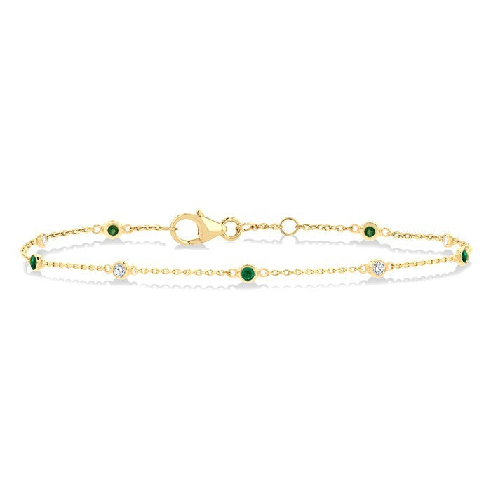 1.8 MM Emerald and 1/10 Ctw Bezel Set Round Cut Diamond Precious Gemstone Station Bracelet in 14K Yellow Gold