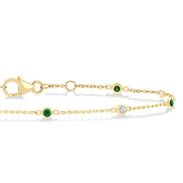 1.8 MM Emerald and 1/10 Ctw Bezel Set Round Cut Diamond Precious Gemstone Station Bracelet in 14K Yellow Gold