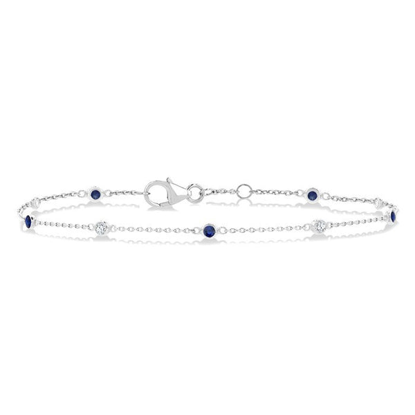 1.8 MM Sapphire and 1/10 Ctw Bezel Set Round Cut Diamond Precious Gemstone Station Bracelet in 14K White Gold