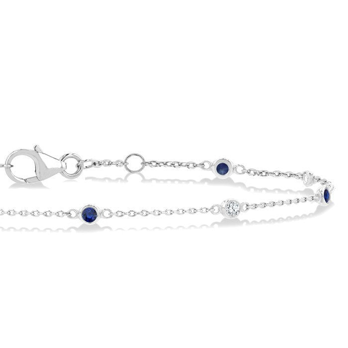 1.8 MM Sapphire and 1/10 Ctw Bezel Set Round Cut Diamond Precious Gemstone Station Bracelet in 14K White Gold