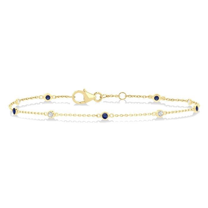 1.8 MM Sapphire and 1/10 Ctw Bezel Set Round Cut Diamond Precious Gemstone Station Bracelet in 14K Yellow Gold