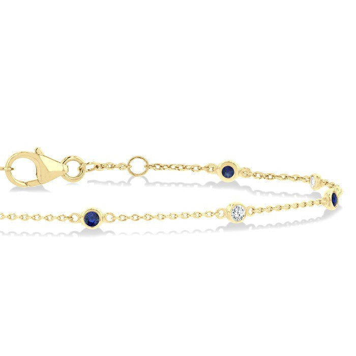 1.8 MM Sapphire and 1/10 Ctw Bezel Set Round Cut Diamond Precious Gemstone Station Bracelet in 14K Yellow Gold